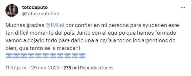 El primer mensaje de Luis Caputo tras ser designado ministro de Economía por Javier Milei El primer mensaje de Luis Caputo tras ser designado ministro de Economía por Javier Milei