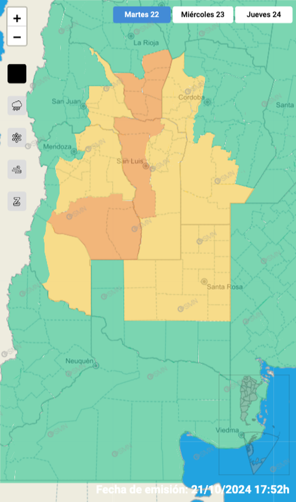 Alerta por tormentas y granizo en seis provincias. Fuente: Servicio Meteorológico Nacional. Alerta por tormentas y granizo en seis provincias. Fuente: Servicio Meteorológico Nacional.