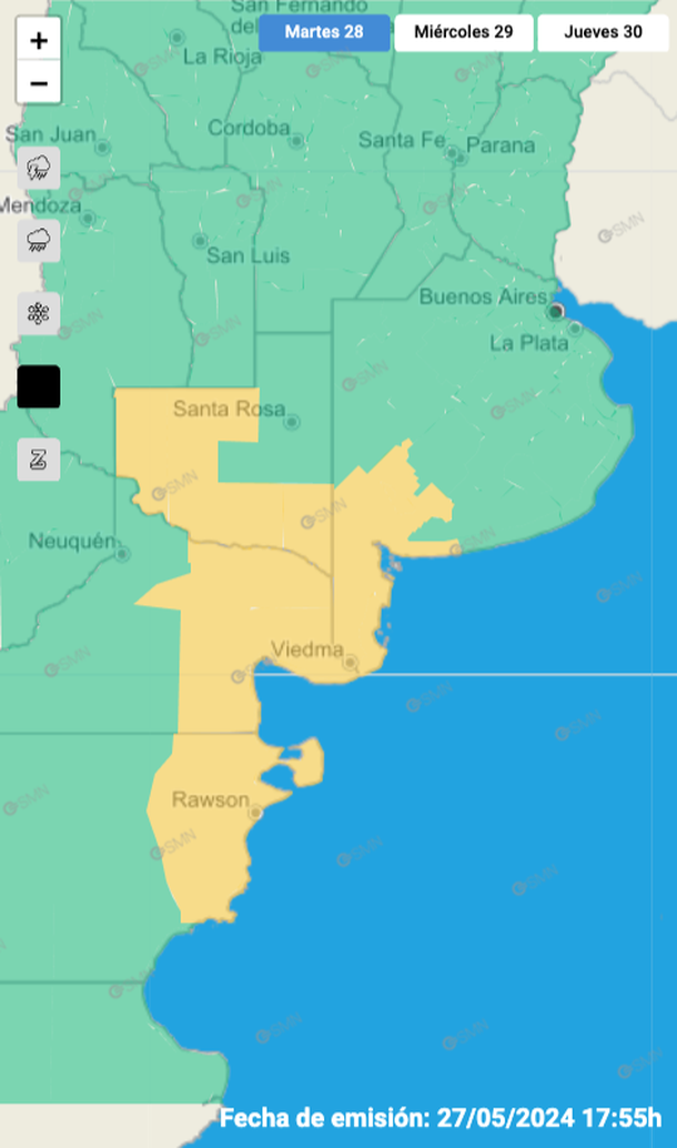 Alerta por viento fuerte en Buenos Aires, La Pampa, Río Negro y Chubut. Fuente: Servicio Meteorológico Nacional. Alerta por viento fuerte en Buenos Aires, La Pampa, Río Negro y Chubut. Fuente: Servicio Meteorológico Nacional.
