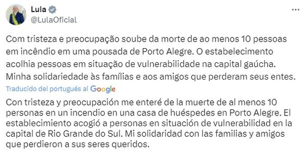 El mensaje de Lula da Silva tras el incendio en Porto Alegre
