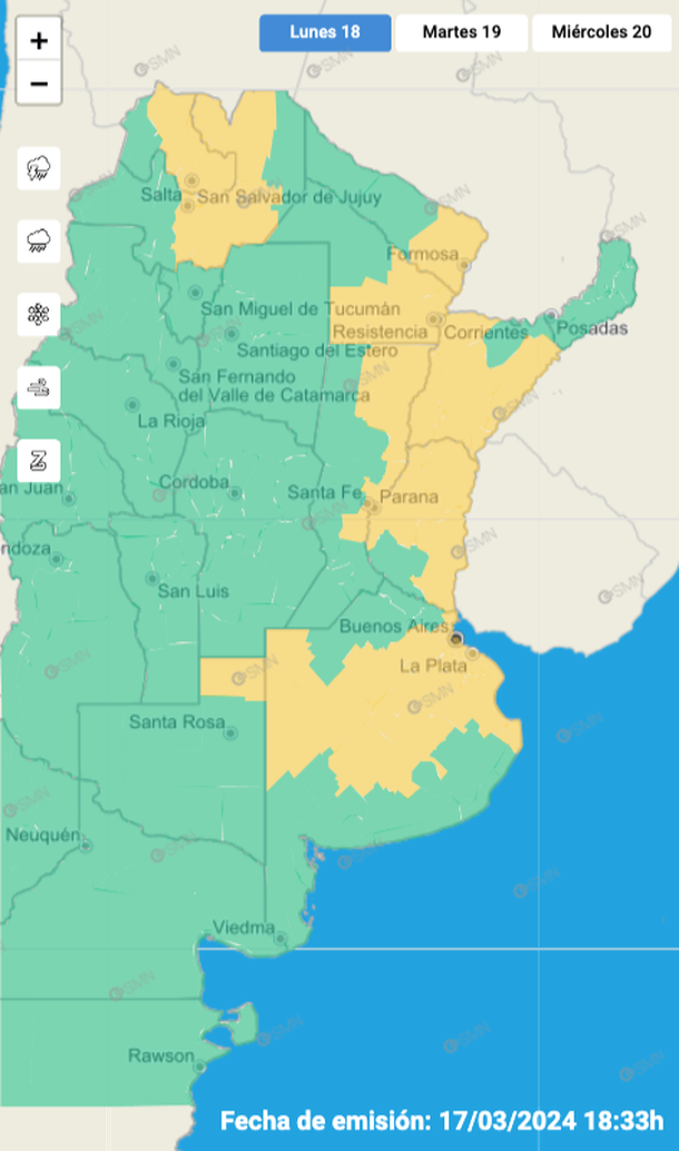 Rige alerta por tormentas y granizo en Buenos Aires y otras siete provincias. Fuente: Servicio Meteorológico Nacional.