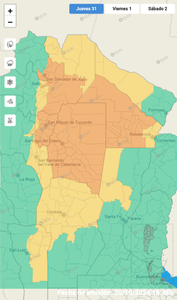 Alerta por tormentas y granizo para este jueves. Fuente: Servicio Meteorológico Nacional. Alerta por tormentas y granizo para este jueves. Fuente: Servicio Meteorológico Nacional. 