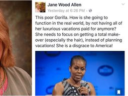Captura del Facebook de Jane Wood Allen en el que llama gorila a Michelle Obama y su foto de perfil Captura del Facebook de Jane Wood Allen en el que llama gorila a Michelle Obama y su foto de perfil