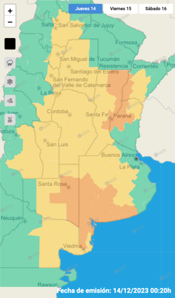 Mapa de alertas por tormentas y granizo en Buenos Aires y otras 14 provincias. Fuente: Servicio Meteorológico Nacional. Mapa de alertas por tormentas y granizo en Buenos Aires y otras 14 provincias. Fuente: Servicio Meteorológico Nacional.