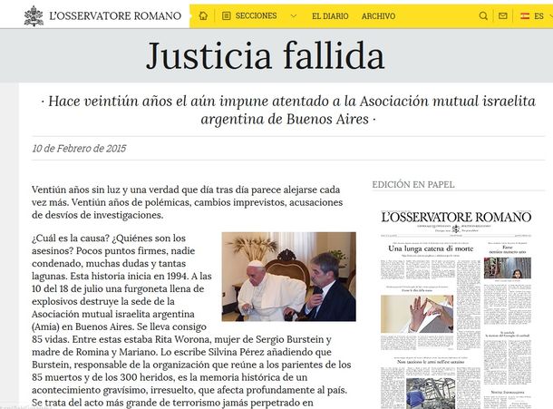 Justicia fallida, dice el diario del Vaticano sobre la causa AMIA