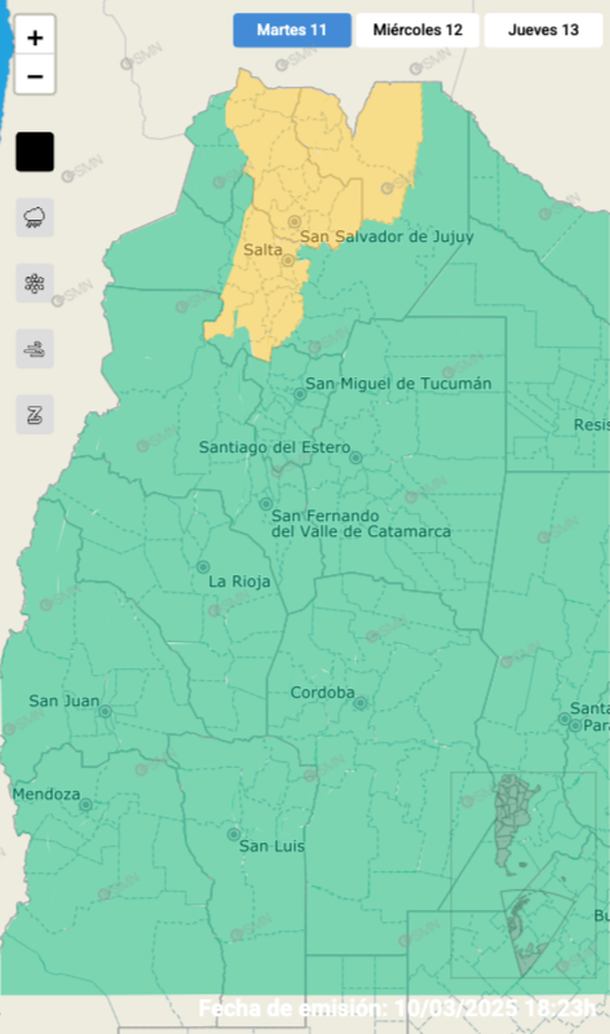 Alerta por tormentas y granizo en Jujuy y Salta para este martes. Fuente: Servicio Meteorológico Nacional. Alerta por tormentas y granizo en Jujuy y Salta para este martes. Fuente: Servicio Meteorológico Nacional.