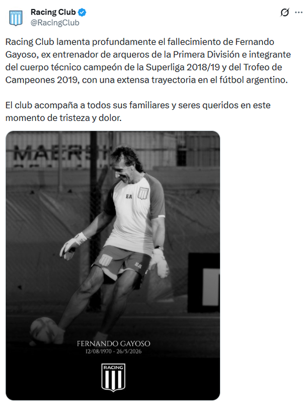 El mensaje de Racing por la muerte de Fernando Gayoso El mensaje de Racing por la muerte de Fernando Gayoso