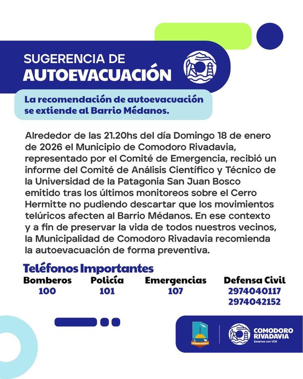 Comodoro Rivadavia: recomiendan la evacuación preventiva de otro barrio por riesgo en el cerro Hermitte