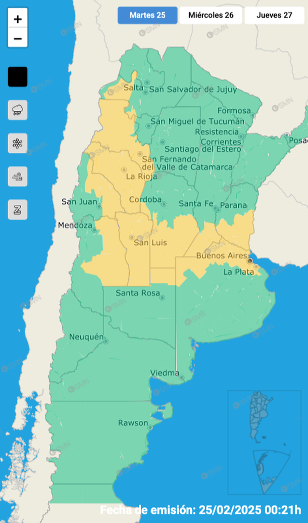 Alerta por tormentas fuertes y granizo en Buenos Aires y otras diez provincias. Fuente: Servicio Meteorológico Nacional. Alerta por tormentas fuertes y granizo en Buenos Aires y otras diez provincias. Fuente: Servicio Meteorológico Nacional. 