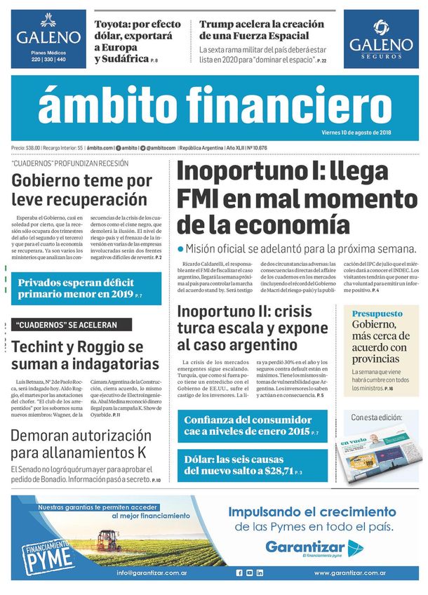 Tapas de diarios del viernes 10 de agosto de 2018