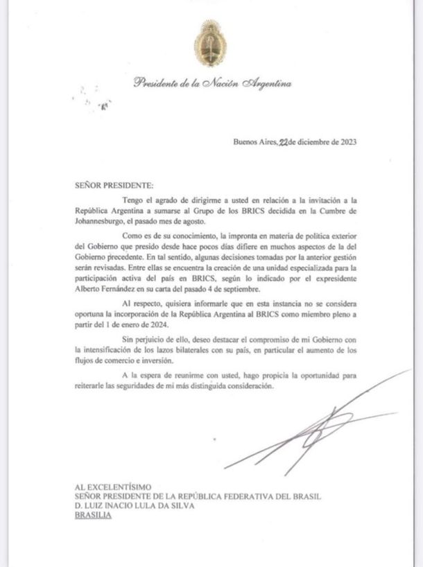 La carta enviada por el presidente Javier Milei a los mandatarios de Brasil, Rusia, India, China y Sudáfrica La carta enviada por el presidente Javier Milei a los mandatarios de Brasil, Rusia, India, China y Sudáfrica