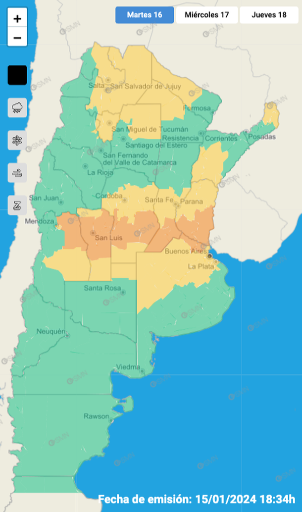 Mapa de alertas por tormentas y granizo este martes en Ciudad de Buenos Aires, conurbano y otras 15 provincias. Fuente: Servicio Meteorológico Nacional. Mapa de alertas por tormentas y granizo este martes en Ciudad de Buenos Aires, conurbano y otras 15 provincias. Fuente: Servicio Meteorológico Nacional.