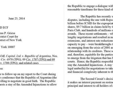 La carta a Griesa en inglés: Dialogando de buena fe