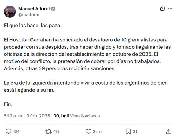 Manuel Adorni celebró el desafuero de representantes gremiales del Hospital Garrahan para su despido