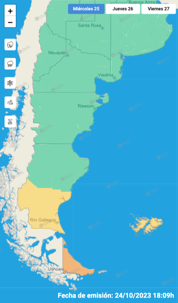 Mapa de alerta por viento para este miércoles 25 de octubre. Fuente: Servicio Meteorológico Nacional. Mapa de alerta por viento para este miércoles 25 de octubre. Fuente: Servicio Meteorológico Nacional.