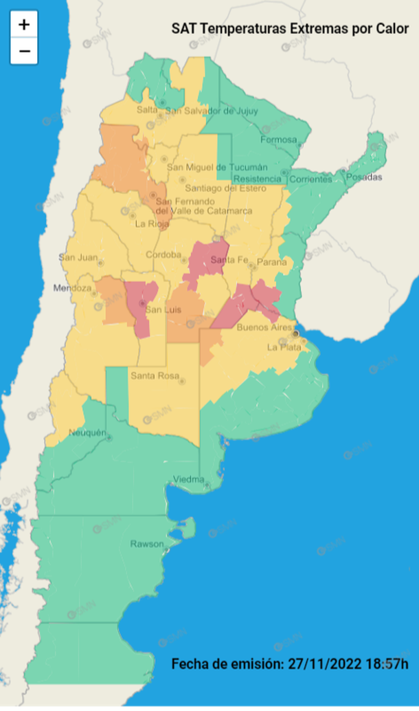 Ola de calor en Argentina: el mapa de alertas por las altas temperaturas. Fuente: Servicio Meteorológico Nacional.