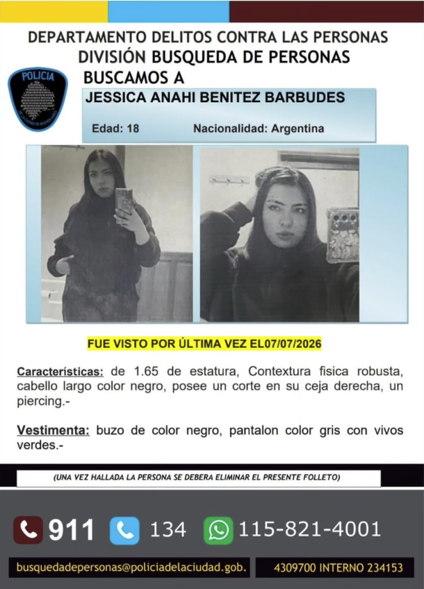 La Policía de la Ciudad difundió un parte oficial para colaborar con la búsqueda de Jessica La Policía de la Ciudad difundió un parte oficial para colaborar con la búsqueda de Jessica