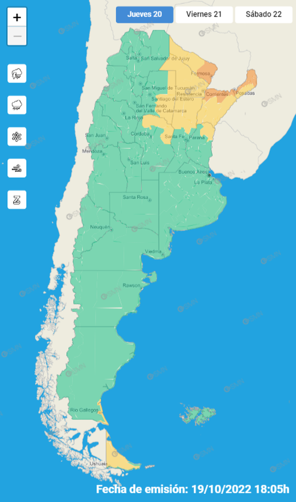 El Servicio Meteorológico Nacional mantenía este jueves alertas por lluvias, tormentas, granizo y vientos para varias provincias.