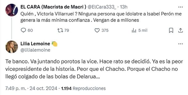 El mensaje de Lilia Lemoine en X contra Victoria Villarruel