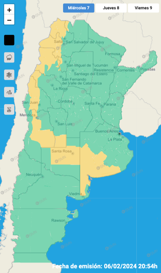 Mapa de alertas por tormentas y granizo para Buenos Aires y otras nueve provincias para este miércoles. Fuente: Servicio Meteorológico Nacional. Mapa de alertas por tormentas y granizo para Buenos Aires y otras nueve provincias para este miércoles. Fuente: Servicio Meteorológico Nacional.