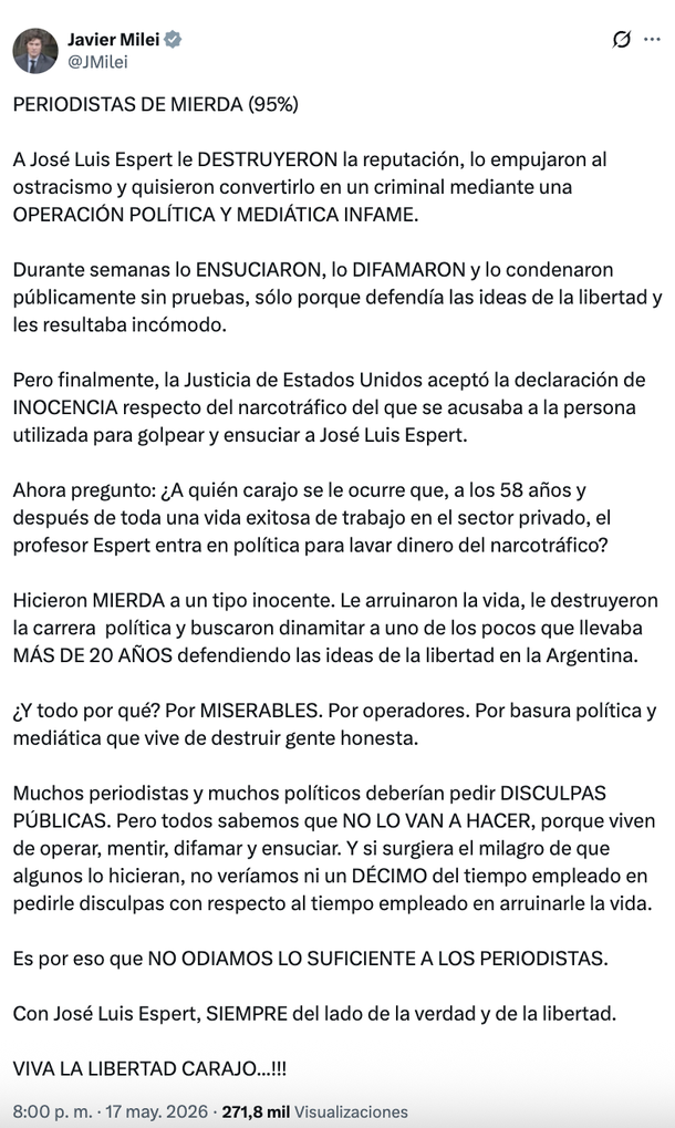 Otro violento posteo Javier Milei para defender a José Luis Espert Otro violento posteo Javier Milei para defender a José Luis Espert