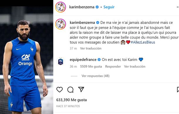 Qué dijo Benzema tras quedar afuera del Mundial de Qatar 2022