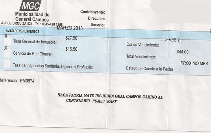 Emiten facturas de un impuesto municipal con leyenda antisemita