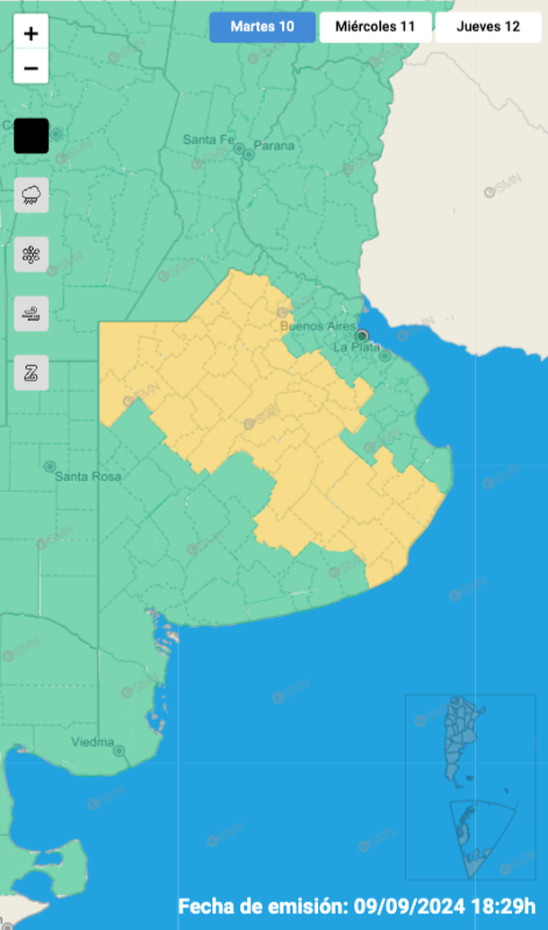 Alerta por tormentas fuertes y granizo en Buenos Aires. Fuente: Servicio Meteorológico Nacional. Alerta por tormentas fuertes y granizo en Buenos Aires. Fuente: Servicio Meteorológico Nacional.