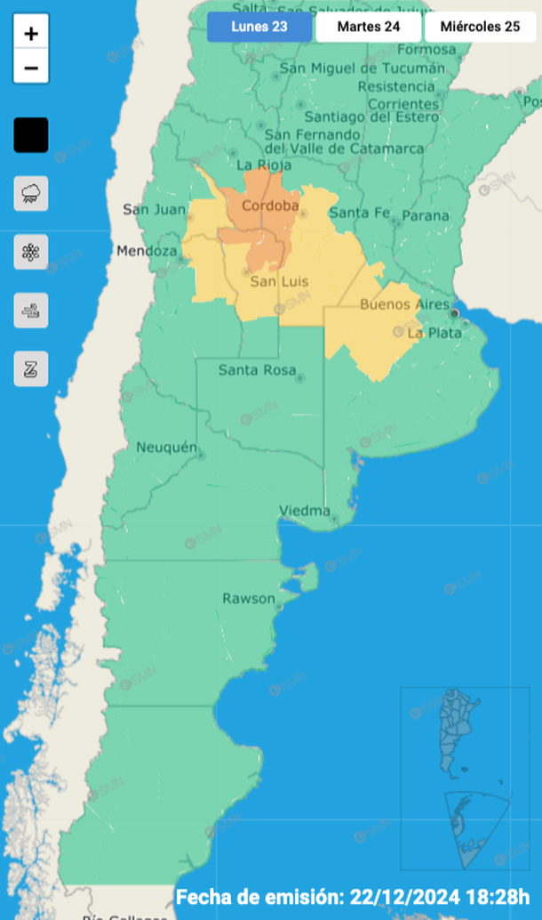 Alerta por tormentas y granizo en Buenos Aires y otras seis provincias. Fuente: Servicio Meteorológico Nacional. Alerta por tormentas y granizo en Buenos Aires y otras seis provincias. Fuente: Servicio Meteorológico Nacional.