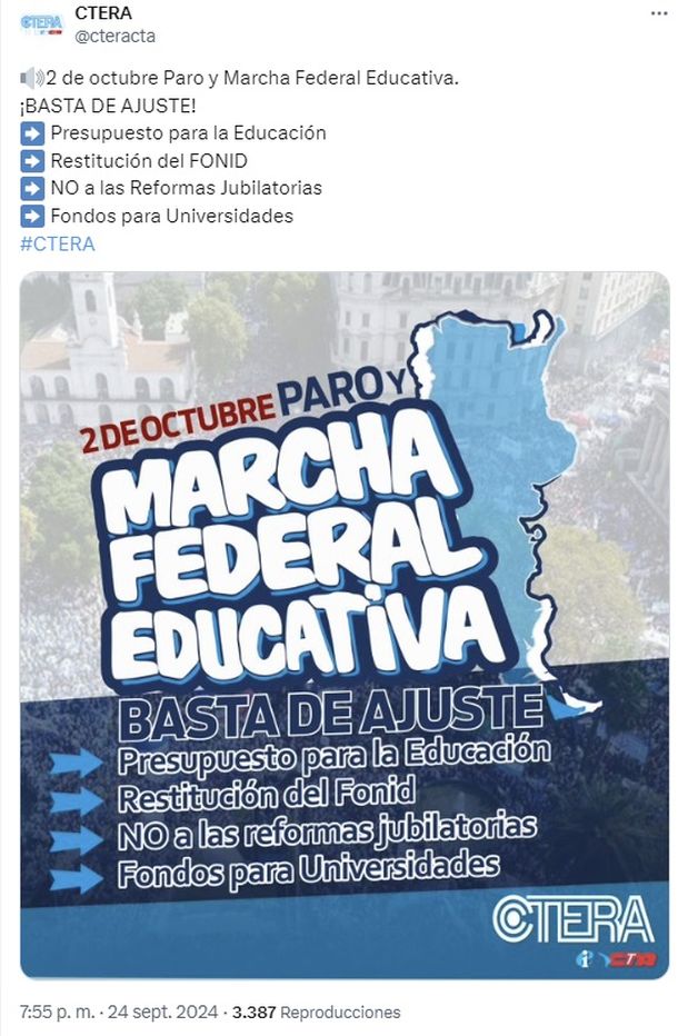 CTERA anunció otro paro docente para octubre