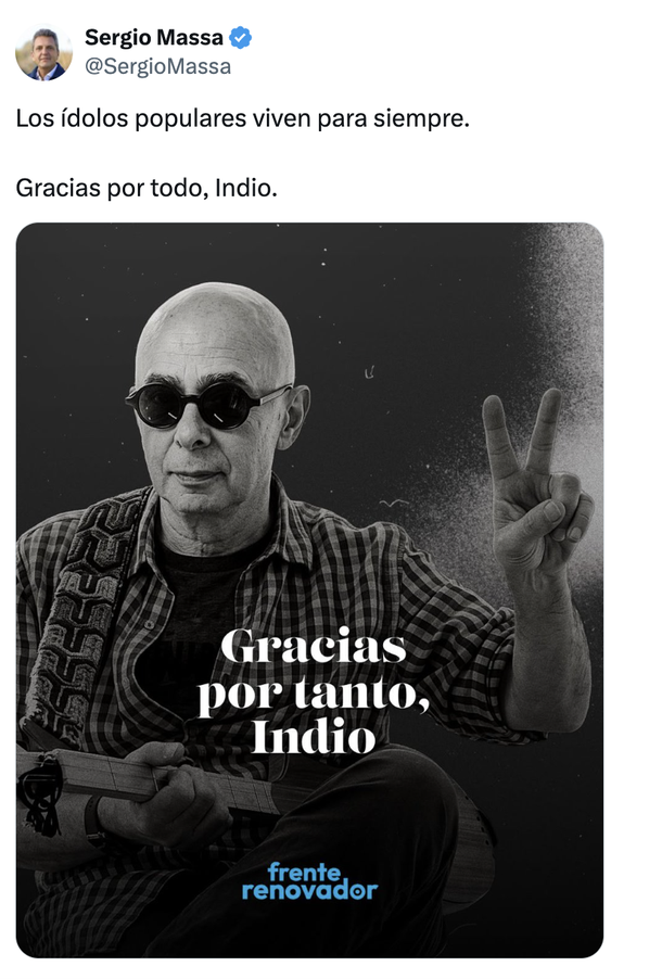 El sentido mensaje de Sergio Massa para despedir a Indio Solari. El sentido mensaje de Sergio Massa para despedir a Indio Solari.