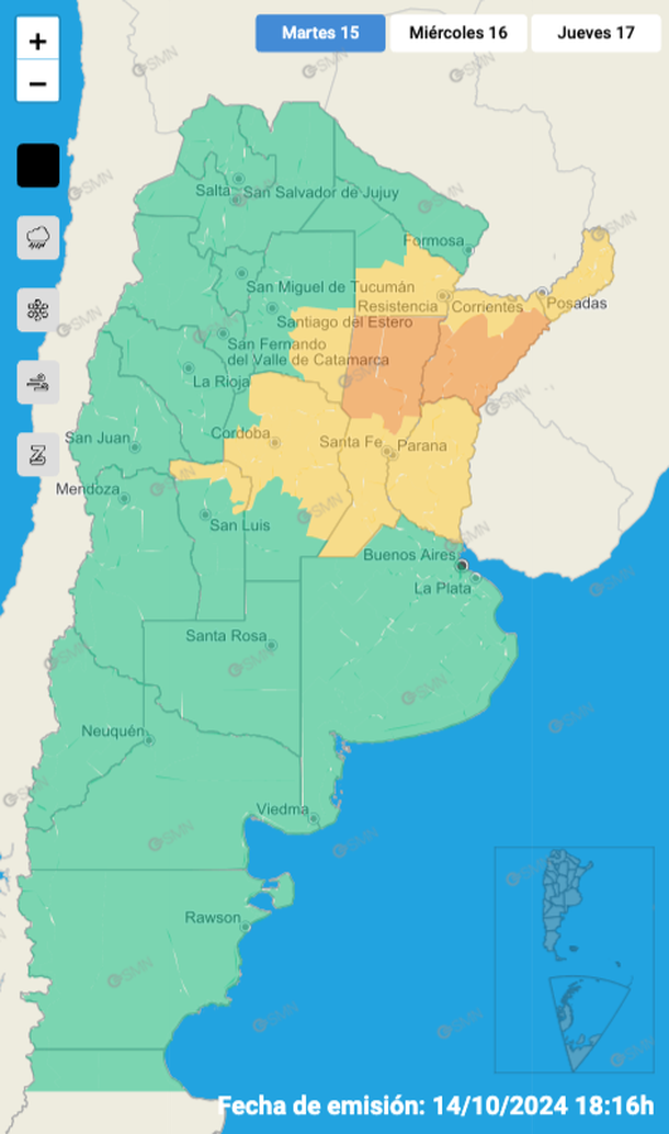 Zonas con alerta amarillo por tormentas fuertes y granizo para este martes. Fuente: Servicio Meteorológico Nacional. Zonas con alerta amarillo por tormentas fuertes y granizo para este martes. Fuente: Servicio Meteorológico Nacional.