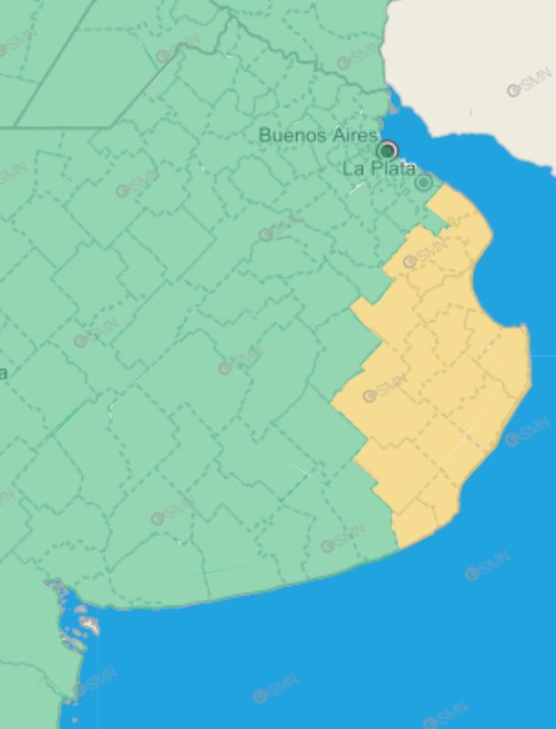 Mapa de alertas por tormentas y granizo en Buenos Aires. Fuente: Servicio Meteorológico Nacional. Mapa de alertas por tormentas y granizo en Buenos Aires. Fuente: Servicio Meteorológico Nacional.