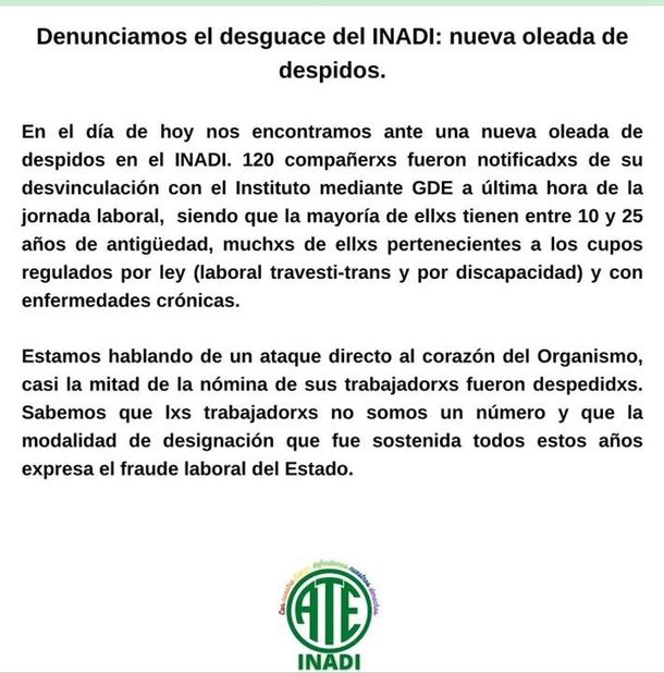 El comunicado de ATE por los despidos en el INADI