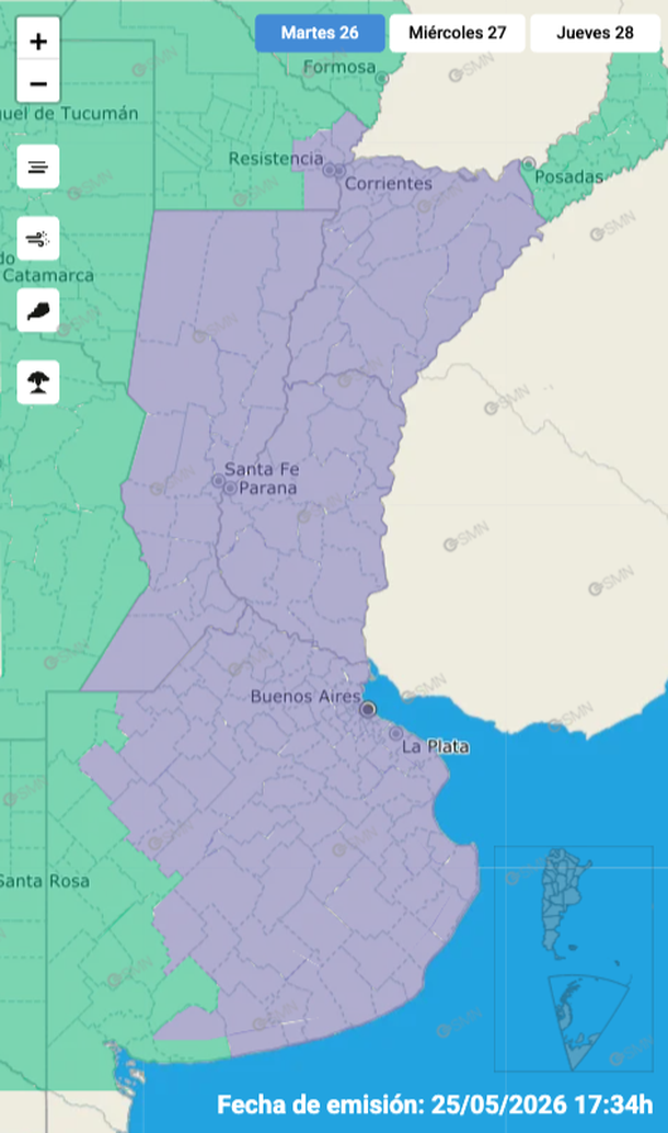 Alerta violeta por niebla en el AMBA. Fuente: Servicio Meteorológico Nacional. Alerta violeta por niebla en el AMBA. Fuente: Servicio Meteorológico Nacional.