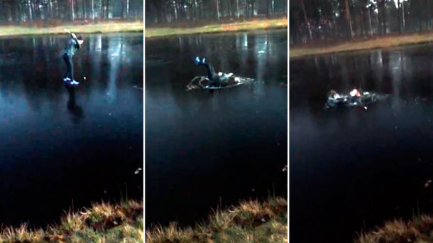 Quiso practicar su swing sobre un lago congelado y terminó mal