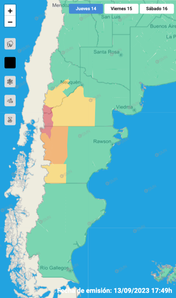 Mapa de alertas por lluvias fuertes en Neuquén, Río Negro y Chubut. Fuente: Servicio Meteorológico Nacional. Mapa de alertas por lluvias fuertes en Neuquén, Río Negro y Chubut. Fuente: Servicio Meteorológico Nacional.