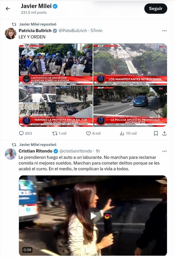 Javier Milei, Patricia Bullrich y Jorge Macri celebraron la represión en la Avenida 9 de Julio