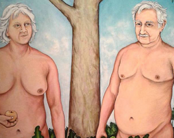 La pintura muestra a Mujica y Topolansky desnudos, acompañados inclusive de su perra Manuela