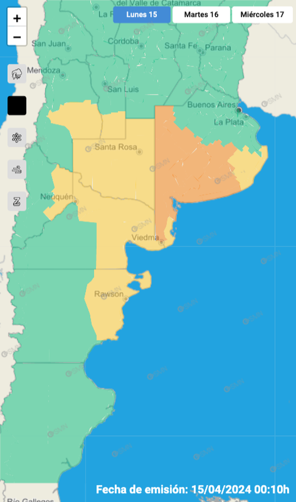 Alerta por lluvias fuertes en Buenos Aires, La Pampa, San Luis, Mendoza, Neuqu&eacute;n, R&iacute;o Negro, Chubut. Fuente: Servicio Meteorol&oacute;gico Nacional.