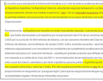 El escrito de Argentina a Griesa: Respetuosamente solicita un stay de su Señoría