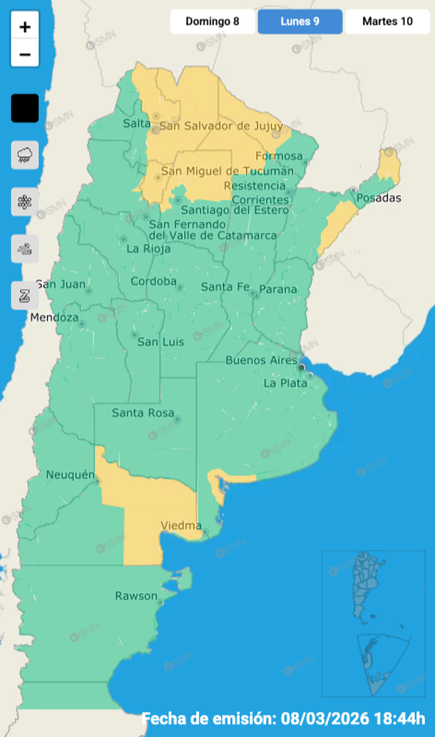 El mapa del Servicio Meteorológico Nacional por las zonas en alerta por tormentas y granizo. El mapa del Servicio Meteorológico Nacional por las zonas en alerta por tormentas y granizo.