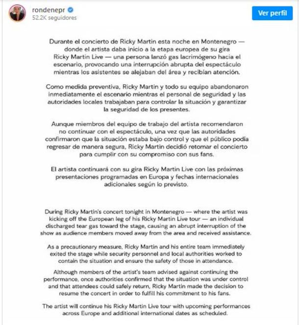 Comunicado de Ricky Martin Comunicado de Ricky Martin