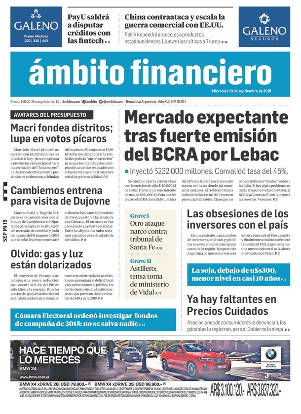 Tapas de diarios del miércoles 19 de septiembre de 2018