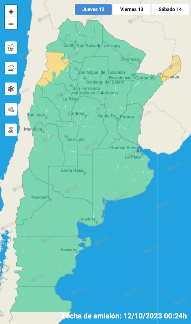 Mapa alertas por tormentas, granizo y viento en varias zonas del país. Fuente: Servicio Meteorológico Nacional. Mapa alertas por tormentas, granizo y viento en varias zonas del país. Fuente: Servicio Meteorológico Nacional.