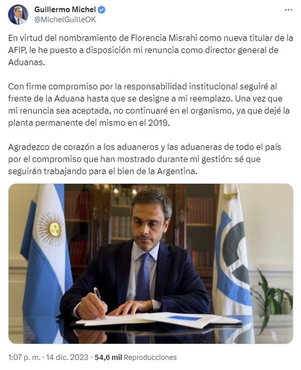El mensaje de Guillermo Michel respecto a su renuncia como Director General de la Aduana El mensaje de Guillermo Michel respecto a su renuncia como Director General de la Aduana