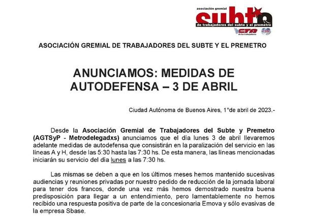Hoy hay paro de subtes: qué líneas y en qué horario