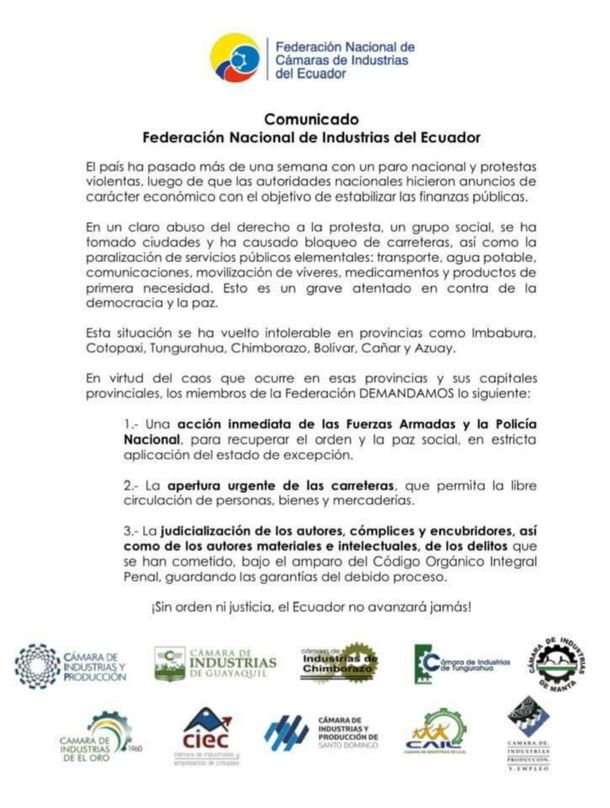 Los industriales de Ecuador pidieron la acción inmediata de las Fuerzas Armadas para reprimir las protestas