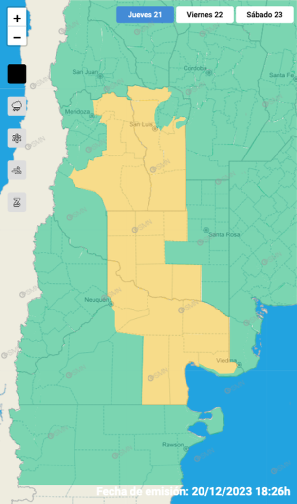 El mapa del alerta por tormentas y granizo para este jueves. Fuente: Servicio Meteorológico Nacional. El mapa del alerta por tormentas y granizo para este jueves. Fuente: Servicio Meteorológico Nacional.