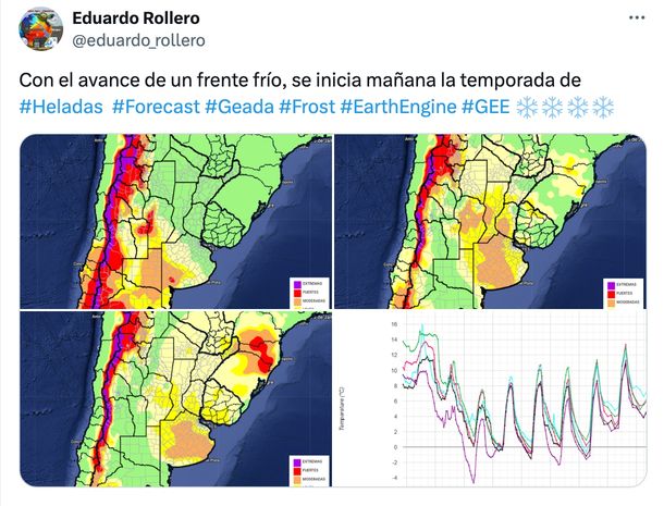 Alerta por heladas en Buenos Aires. Tuit de Eduardo Rollero. Alerta por heladas en Buenos Aires. Tuit de Eduardo Rollero.